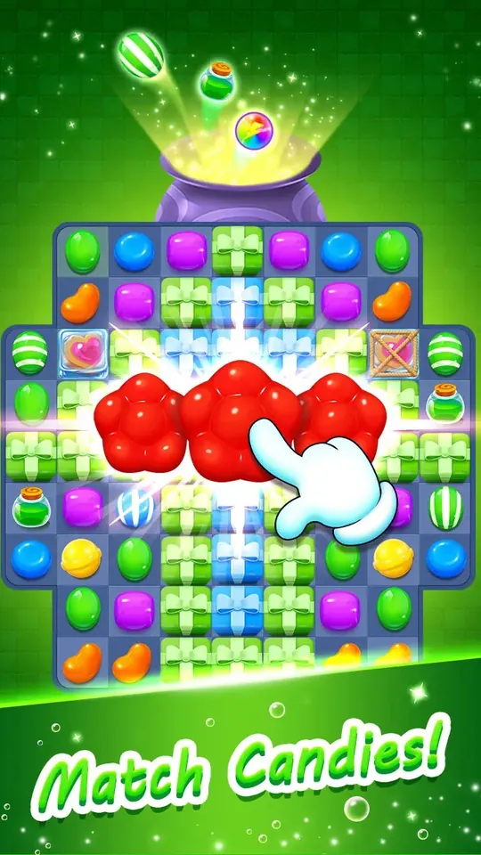 Spielfeld von Candy Witch - Match 3 Puzzle mit farbigen Zuckerln und einem Kessel am oberen Rand